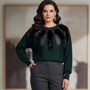 Elegant Green Sweater with Black Feather Accents